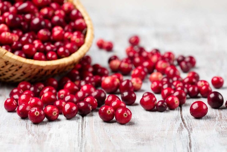 Harvest fresh red cranberries in wicker basket, selective focus. Autumn concept